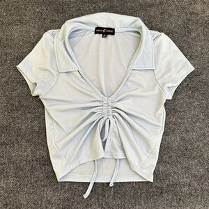 Almost Famous Light Blue Ruched Button Tie Down Shirt